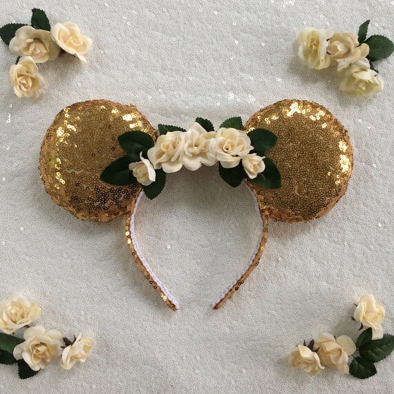 Sequin Floral Minnie Mouse Ears Rose Gold,white,gold - Etsy display picture 1