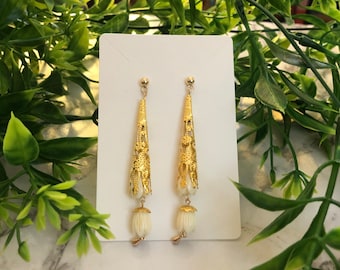 White Champaca Earrings | Gold Plated Drop Dangle | Cambodian Magnolia Inspired | Handmade Khmer Earrings