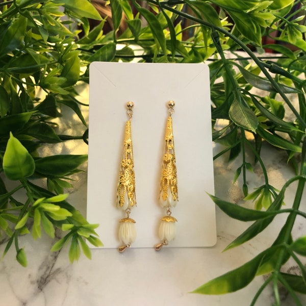 White Champaca Earrings | Gold Plated Drop Dangle | Cambodian Magnolia Inspired | Handmade Khmer Earrings