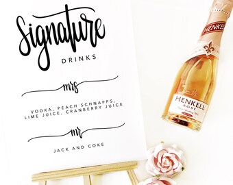 Signature Drinks Wedding Sign Printable Template, Bar Party Sign, Event Decor, Modern Calligraphy, Drinks Decor Editable Printable PDF