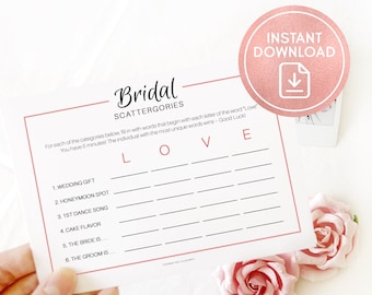 Fun Bridal Shower Party Games Printable Instant Download, Bridal Shower Scattergories Game for Bride-to-Be, Bridal Shower Printable
