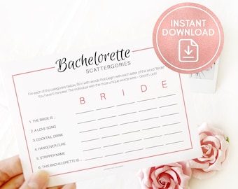 Fun Bachelorette Scattergories Party Game, Rose Gold Bachelorette Party Games Printable, Instant Download, Fun Hen Party Games Printable