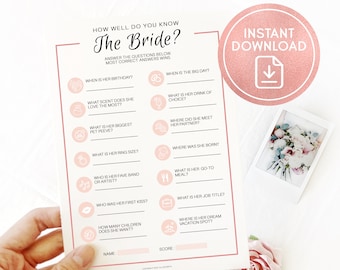 How Well Do You Know the Bride Bridal Shower Party Game, Fun Hens and Bachelorette Party Game, Instant Download Wedding Printable Game