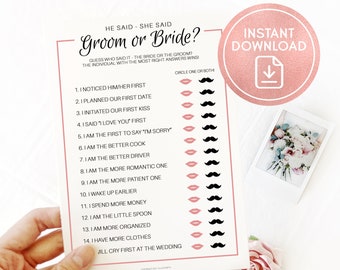 Il a dit qu’elle a dit jeu de douche nuptiale imprimable, la mariée ou le marié devinez qui l’a dit jeu, jeux de douche de mariage amusants, jeu de fête de poule, bachelorette