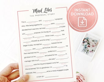 Mad Libs Bridal Shower Party Game Printable, Proposal Love Story Mad Libs Wedding Shower Printable Game, Fun Bridal Game Instant Download