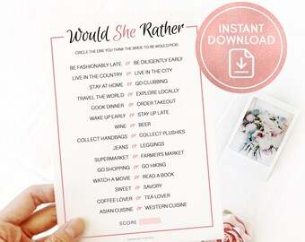 Would She Rather Bridal Shower Game Instant Download, Fun Bachelorette Party Game Printable, Virtual Bridal Games, Fun Hen Party Printables