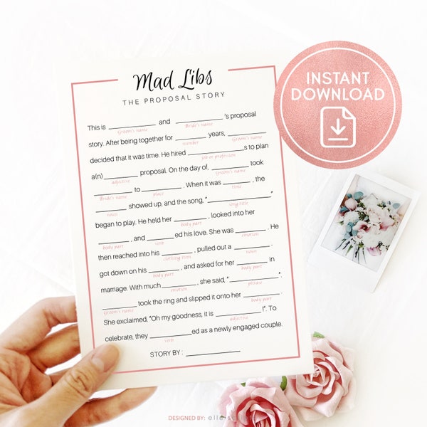 Mad Libs Bridal Shower Party Game Printable, Proposal Love Story Mad Libs Wedding Shower Printable Game, Fun Bridal Game Instant Download