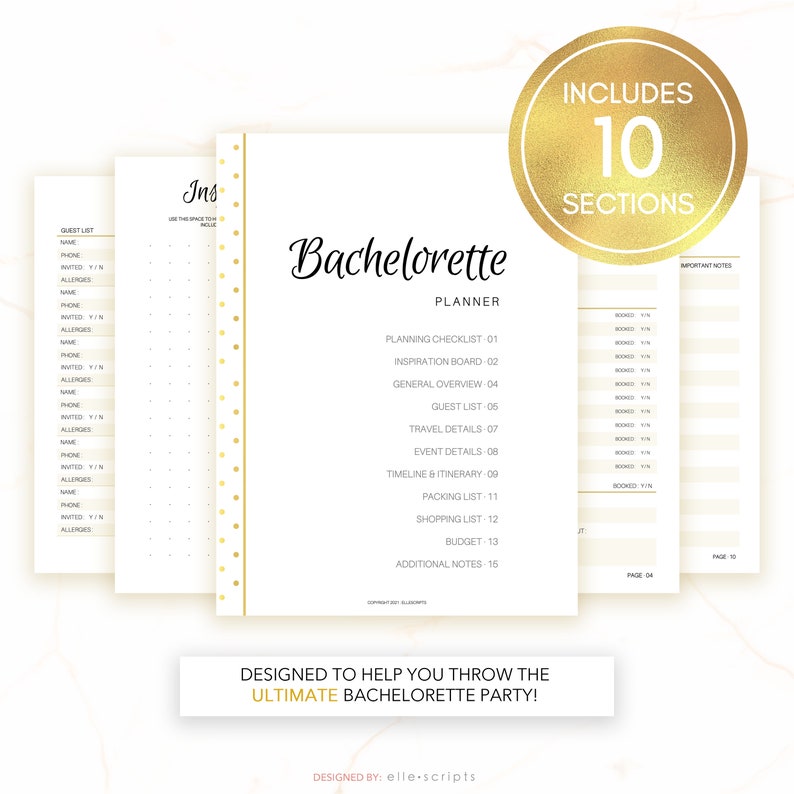 May include: A printable bachelorette party planner with a gold and white design. The planner includes 10 sections, including a guest list, travel details, and a packing list. The text "Includes 10 Sections" is in a gold circle.
