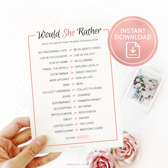 Would She Rather Bridal Shower Game Instant Download, Fun Bachelorette Party Game Printable, Virtual Bridal Games, Fun Hen Party Printables