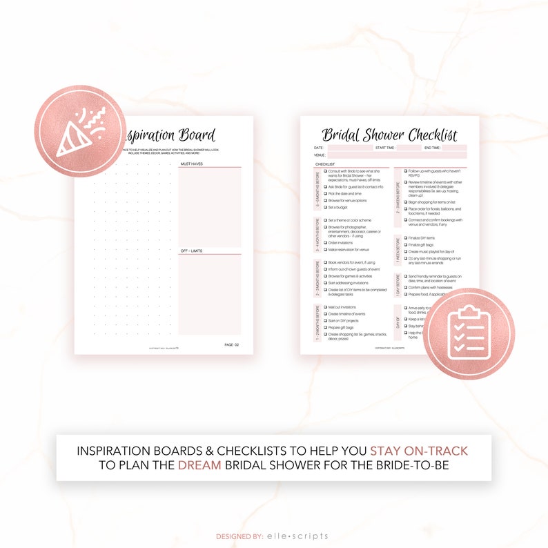 Op de afbeelding: Een printbare checklist en inspiratiebord voor het plannen van een bruidsdouche. De checklist bevat taken zoals het boeken van een locatie, het versturen van uitnodigingen en het plannen van spelletjes. Het inspiratiebord heeft secties voor must-haves en off-limits.