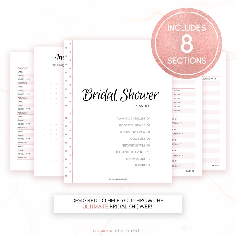 Op de afbeelding: Een printbare bruidsdoucheplanner met een roze en wit ontwerp. De planner bevat 8 secties: planningchecklist, inspiratiebord, algemeen overzicht, gastenlijst, douchedetails, volgorde van evenementen, boodschappenlijst en budget. De tekst "Bevat 8 secties" staat in een roze cirkel met een glinsterende textuur.