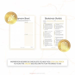 May include: A printable checklist and inspiration board for planning a hen party. The checklist includes tasks such as booking accommodation, creating a guest list, and planning activities. The inspiration board is a grid for brainstorming ideas.