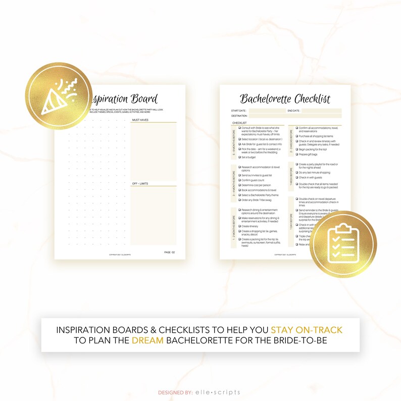 May include: A printable checklist and inspiration board for planning a hen party. The checklist includes tasks such as booking accommodation, creating a guest list, and planning activities. The inspiration board is a grid for brainstorming ideas.