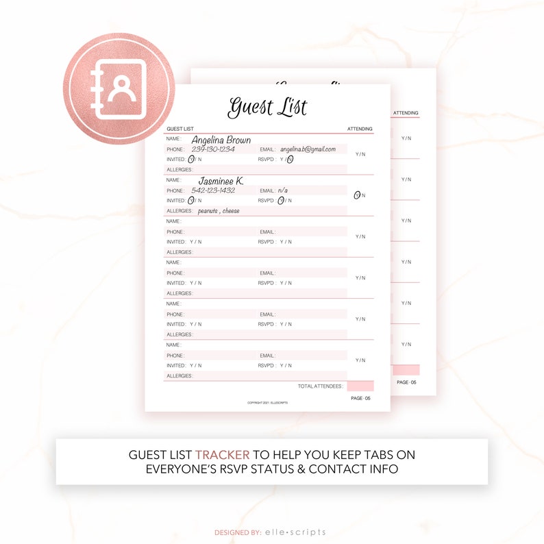 May include: A printable guest list tracker with a pink and white design. The tracker includes sections for guest name, phone number, email address, RSVP status, and allergies. The text "Guest List Tracker to help you keep tabs on everyone's RSVP status & contact info" is at the bottom of the page.
