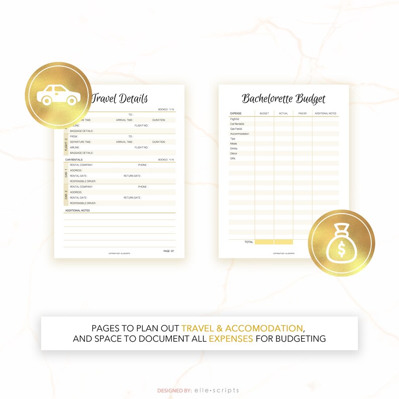 May include: Printable checklist for planning a hen party. The checklist includes sections for travel details, including flight and car rental information, and a budget section for tracking expenses. The checklist is decorated with gold accents and icons.