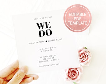 Wedding Invitation Printable Template, Editable PDF Digital Download, Wedding Invite Editable, Minimalistic, Modern Design Instant Download