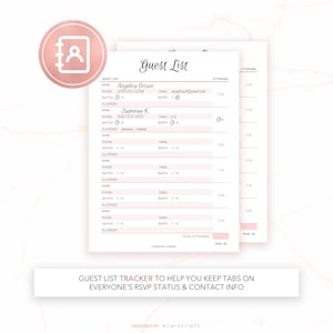 Op de afbeelding: Een afdrukbare gastenlijsttracker met een roze en wit ontwerp. De tracker bevat secties voor de naam van de gast, telefoonnummer, e-mailadres, RSVP-status en of de gast aanwezig is. De tekst "Guest List Tracker to help you keep tabs on everyone's RSVP status & contact info" staat onderaan de pagina.