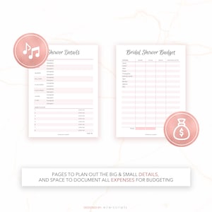 Op de afbeelding: Twee afdrukbare pagina's voor het plannen van een bruidsdouche. De eerste pagina heeft de titel "Shower Details" en bevat secties voor ballonnen, plaatskaarten, fotorekwisieten en een afspeellijst. De tweede pagina heeft de titel "Bridal Shower Budget" en bevat kolommen voor uitgaven, budget, daadwerkelijk, betaald en extra notities.
