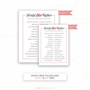 K&ouml;nnte beinhalten: Ein druckbares "Would She Rather"-Spiel in zwei verschiedenen Gr&ouml;&szlig;en: 8,5 x 11 Zoll und 5 x 7 Zoll. Das Spiel enth&auml;lt eine Liste von 16 Fragen mit jeweils zwei Optionen, wie z. B. "Licht an oder Licht aus" und "Spitze tragen oder Leder tragen".