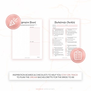 May include: A printable bachelorette party planning checklist and inspiration board. The checklist includes tasks like booking accommodations, creating a guest list, and planning activities. The inspiration board is a grid for brainstorming ideas.