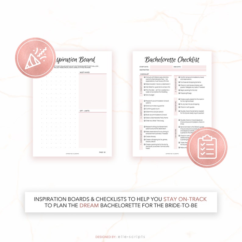 May include: A printable bachelorette party planning checklist and inspiration board. The checklist includes tasks like booking accommodations, creating a guest list, and planning activities. The inspiration board is a grid for brainstorming ideas.