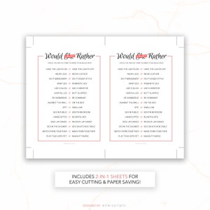 K&ouml;nnte beinhalten: Zwei druckbare "Would You Rather" Spielkarten mit einer Liste von 16 suggestiven Fragen f&uuml;r Paare. Die Karten sind so konzipiert, dass sie in der Mitte geteilt werden k&ouml;nnen, wodurch zwei separate Spielkarten entstehen. Der Text "Enth&auml;lt 2-in-1-Bl&auml;tter f&uuml;r einfaches Schneiden und Papiersparen!" ist unter den Karten gedruckt.