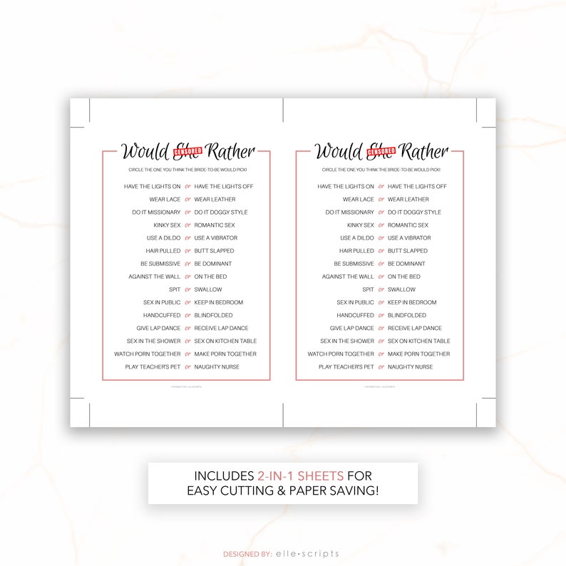 K&ouml;nnte beinhalten: Zwei druckbare "Would You Rather" Spielkarten mit einer Liste von 16 suggestiven Fragen f&uuml;r Paare. Die Karten sind so konzipiert, dass sie in der Mitte geteilt werden k&ouml;nnen, wodurch zwei separate Spielkarten entstehen. Der Text "Enth&auml;lt 2-in-1-Bl&auml;tter f&uuml;r einfaches Schneiden und Papiersparen!" ist unter den Karten gedruckt.