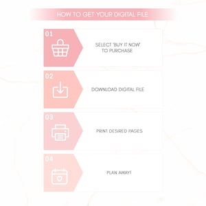 May include: A pink and white graphic with four steps on how to get a digital file. The steps are numbered 1 through 4. Step 1 is a shopping cart icon with the text "Select 'Buy It Now' to Purchase". Step 2 is a download icon with the text "Download Digital File". Step 3 is a printer icon with the text "Print Desired Pages". Step 4 is a calendar icon with a heart inside and the text "Plan Away!"