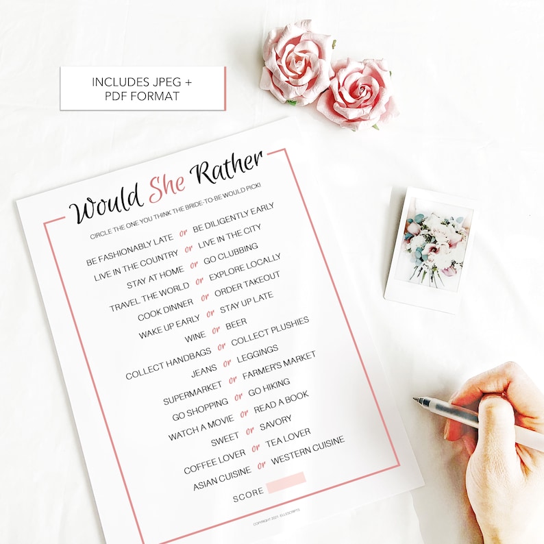 Peut inclure: Un jeu de douche nuptiale imprimable intitul&eacute; "Would She Rather" avec une liste de questions pour que les invit&eacute;s r&eacute;pondent &agrave; propos de la future mari&eacute;e. Le jeu est con&ccedil;u dans un sch&eacute;ma de couleurs rose et blanc.