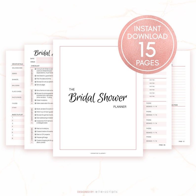 Op de afbeelding: Een printbare bruidsdoucheplanner in roze en wit. De planner bevat een checklist, een budgetgedeelte en een lijst met leveranciers om contact mee op te nemen. De omslag van de planner zegt "The Bridal Shower Planner".