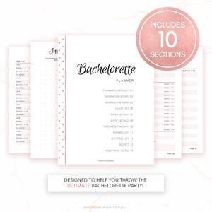 May include: A printable bachelorette party planner with a pink and white design. The planner includes 10 sections, including a guest list, travel details, and a packing list. The text "Bachelorette Planner" is in a pink script font.