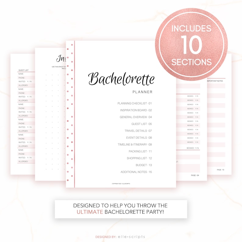 May include: A printable bachelorette party planner with a pink and white design. The planner includes 10 sections, including a guest list, travel details, and a packing list. The text "Bachelorette Planner" is in a pink script font.