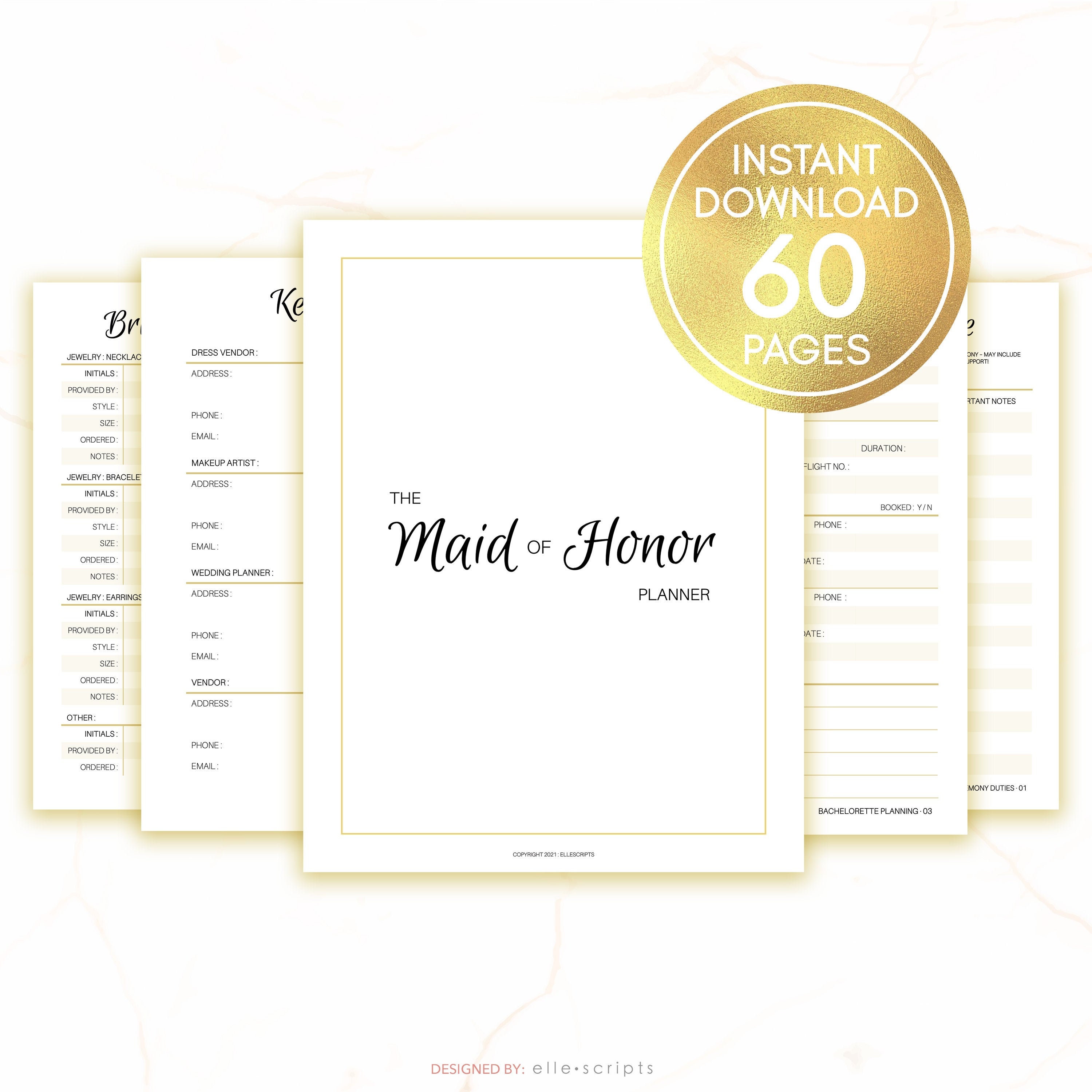 Maid of Honor Planner Book, Maid of Honour Planner Printable, Bridesmaid Checklist, Notebook, Bridal Binder, Maid of Honor Duties, MOH Gift
