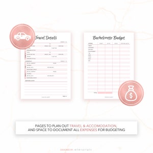 May include: A printable checklist for planning a bachelorette party. The left page is for travel details, including flight and car rental information. The right page is a budget tracker with categories for flights, accommodation, meals, and more.