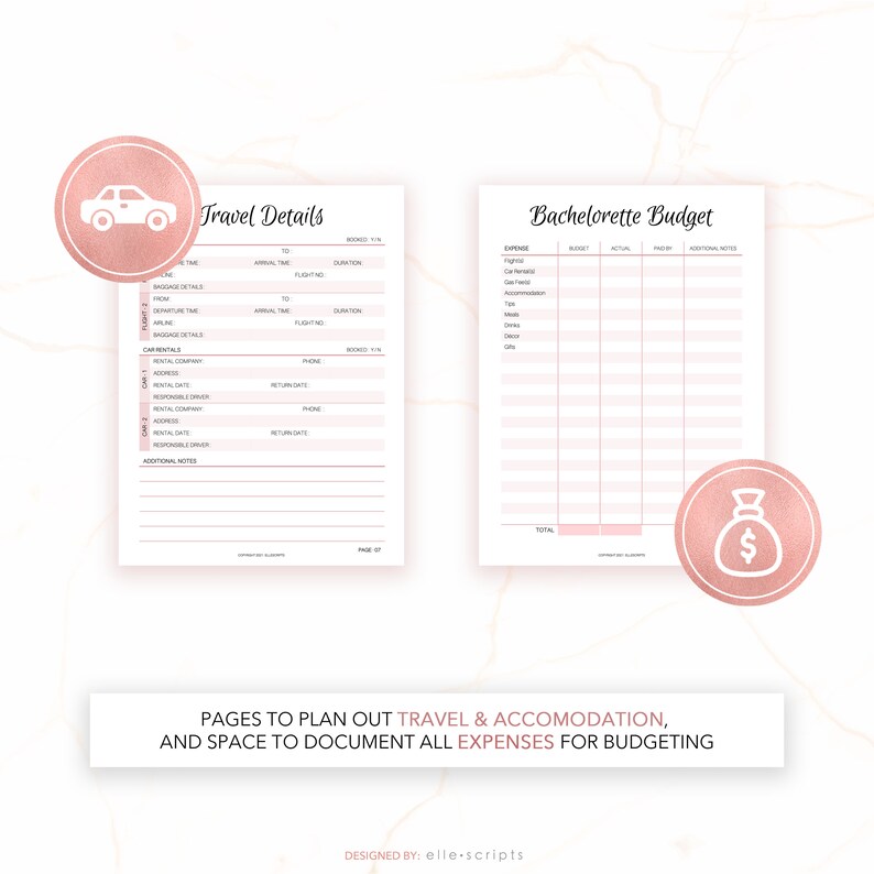May include: A printable checklist for planning a bachelorette party. The left page is for travel details, including flight and car rental information. The right page is a budget tracker with categories for flights, accommodation, meals, and more.