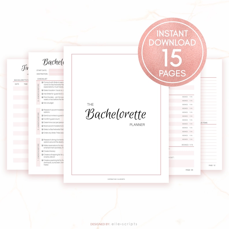 May include: A printable bachelorette party planner with a pink and white color scheme. The planner includes a checklist, budget tracker, and itinerary sections. The cover features the text "The Bachelorette Planner".