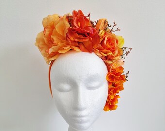 Miss Ophelia. Womens flower headband fascinator in  Orange, Lavender tones , Reds / Pinks, Purples
