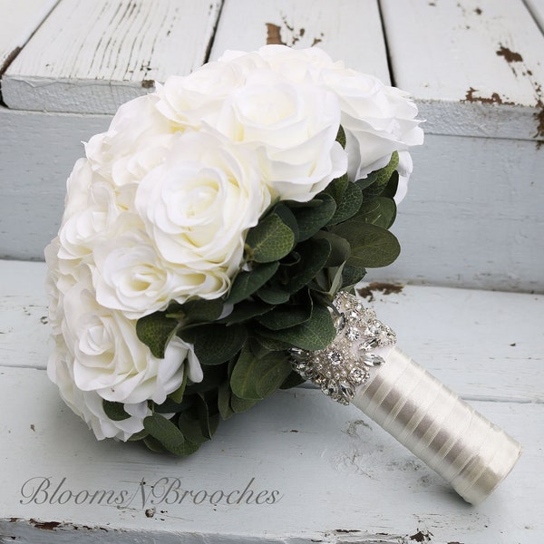 Ivory Rose Wedding Bouquet, Silk Bridal Bouquet, Faux Wedding Flowers, Silk Flowers for Weddings, Artificial Flowers for Weddings