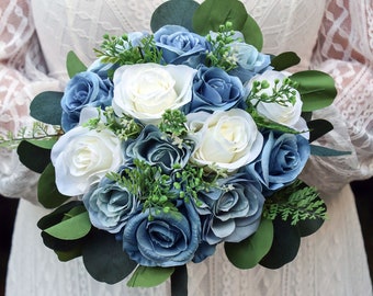Wedding Bouquet Blue, Artificial Steel Blue Dusty Blue white Bridal Bridesmaids Bouquets, Boho Bouquet Silk, Faux Wedding Flowers, Silk