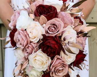 Cascade Bridal Bouquet, Wine Rose Gold Dusty Rose Bouquet, Wedding Bouquets, Faux Wedding Flowers, Artificial Silk Flowers for Weddings