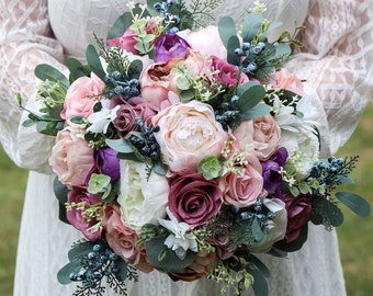 Spring Wedding Bouquet Mauve Dusty Rose Purples Navy, Bridal Bouquet Artificial, Silk Wedding Bouquet Peonies Garden Roses Roses Berries