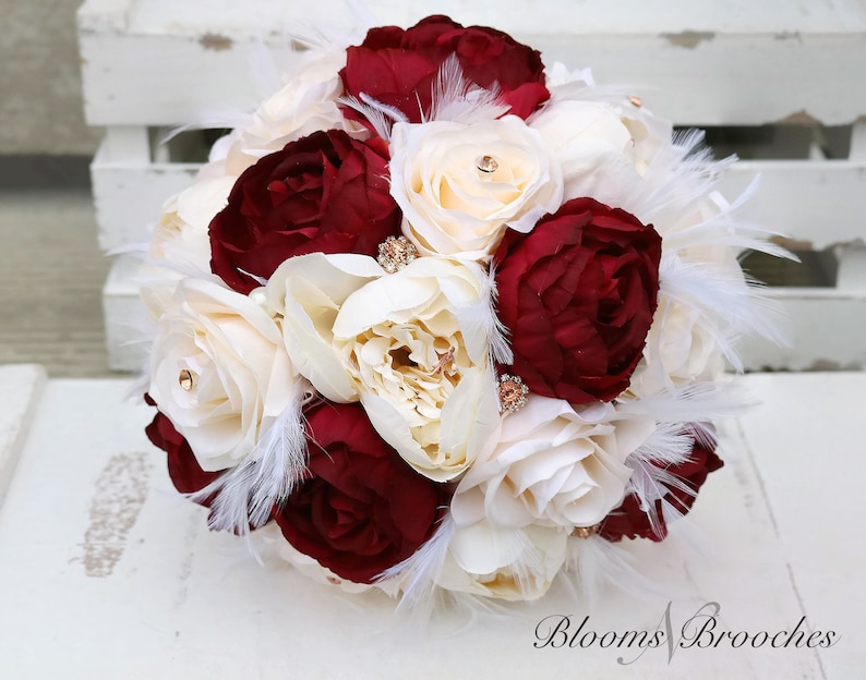 Wine and cream bouquet bridesmaids wine ivory Weedding Bouquet Feather Bridal bouquet Gatsy Wedding Rose Gold Bouquet