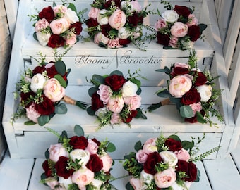 Wine Blush and Ivory Boho Wedding Bouquets, Bridal Bouquet, Bridesmaids bouquet, Artificial Wedding Flowers, Boho Wedding, Burgundy Flowers,