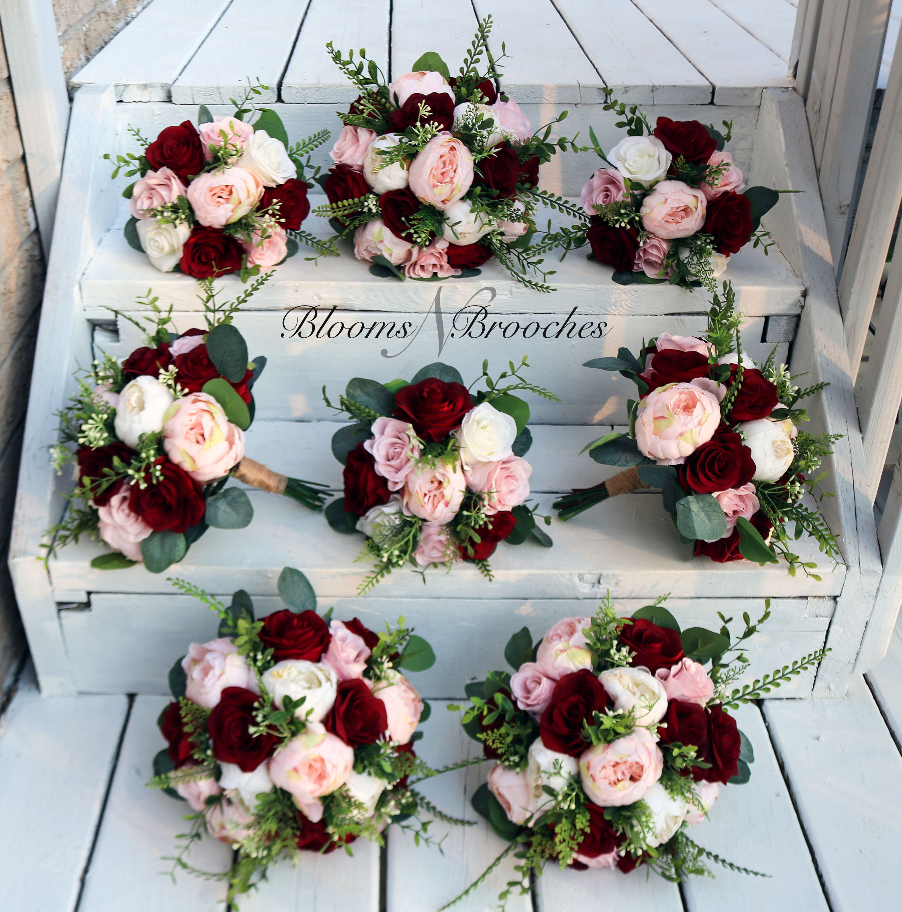 Wedding Flowers Bridal Bouquet Decorations Package Burgundy Blush 8 Bouquet  PKG. 