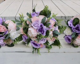 Wedding Bouquets bride, Wedding Bouquet Pink Lilac lavender, Faux Wedding Flowers, Silk Wedding Flowers, Blush Pink Purple Bouquet Bride