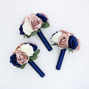 Wedding Bouquets, Navy, Dusty Rose and Ivory Wedding Bouquet, Wedding Flowers, Bridesmaid Bouquets, Corsage, bridal Flower Package