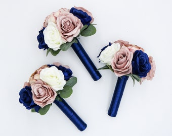 Wedding Bouquets, Navy, Dusty Rose and Ivory Wedding Bouquet, Wedding Flowers, Bridesmaid Bouquets, Corsage, bridal Flower Package