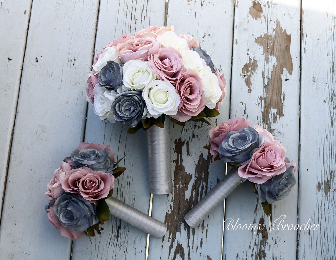 Dusty Rose Grey and Ivory Wedding Bouquet Wedding Flowers - Etsy