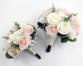 Wedding Bouquet, Pale Blush Ivory Bridal Bouquet, Bridesmaids Bouquets, Wedding Flowers, Artificial Flowers, eucalyptus roses babies breath