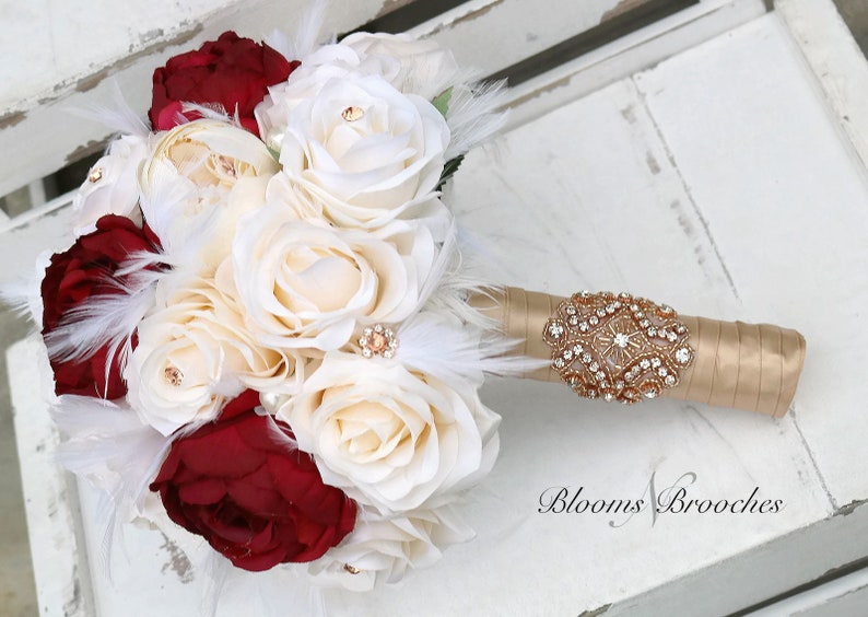 Wine and cream bouquet bridesmaids wine ivory Weedding Bouquet Feather Bridal bouquet Gatsy Wedding Rose Gold Bouquet